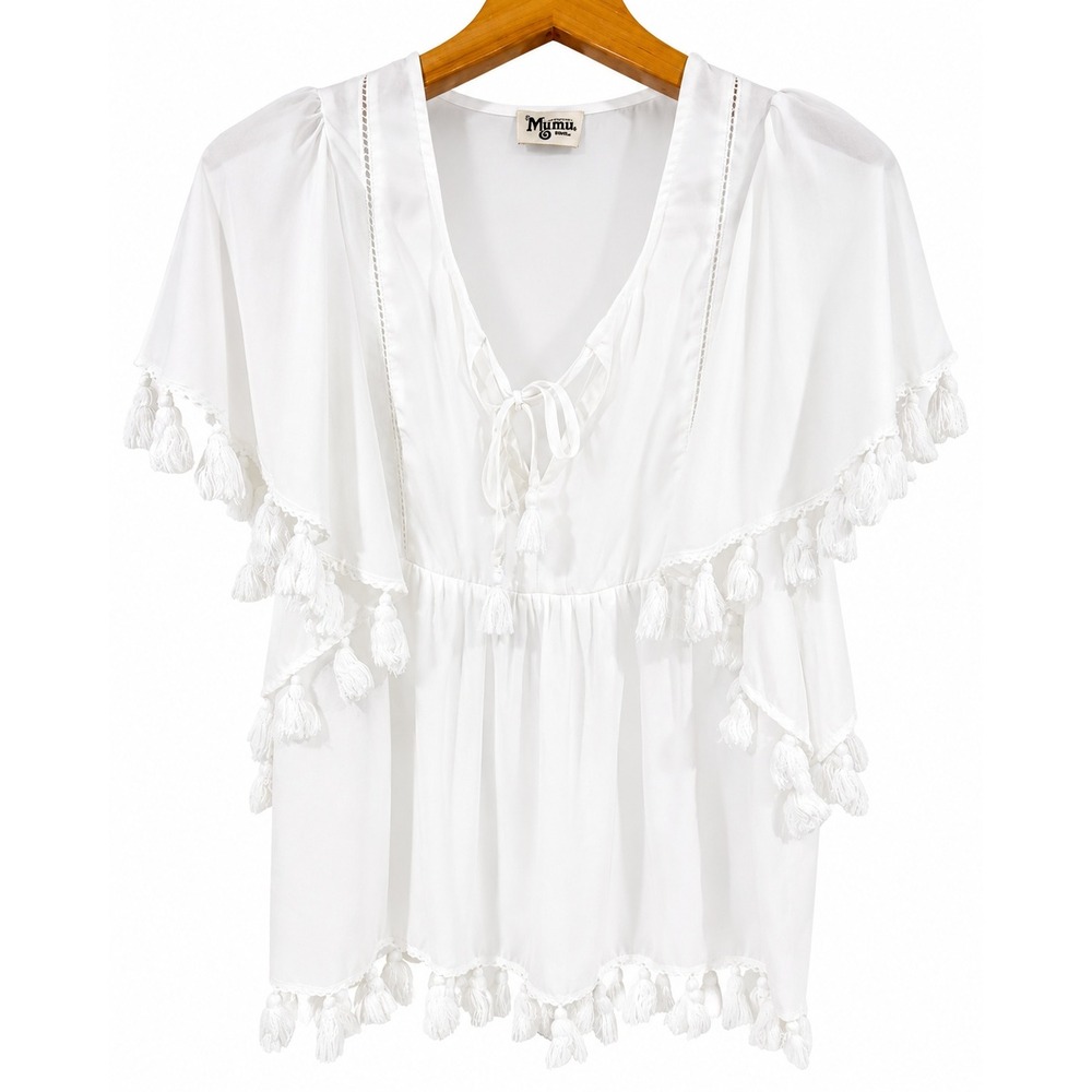 Show Me Your Mumu White Tassel Boho Blouse V-Neck Flutter Sleeve Top Small